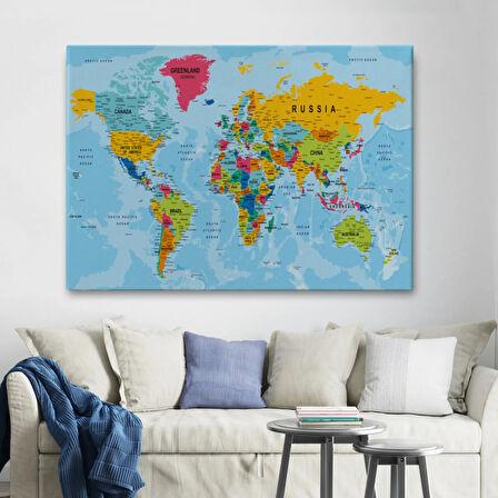 Detaylı Okyanuslu İngilizce Dünya Haritası, Harita Dekoratif Kanvas Tablo, Duvar Dekoru 2171