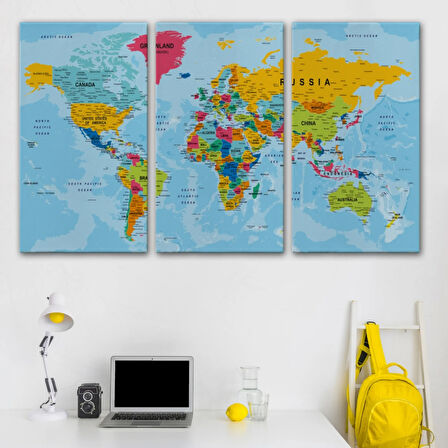 Detaylı Okyanuslu İngilizce Dünya Haritası, Harita Dekoratif Kanvas Tablo, Duvar Dekoru 2171