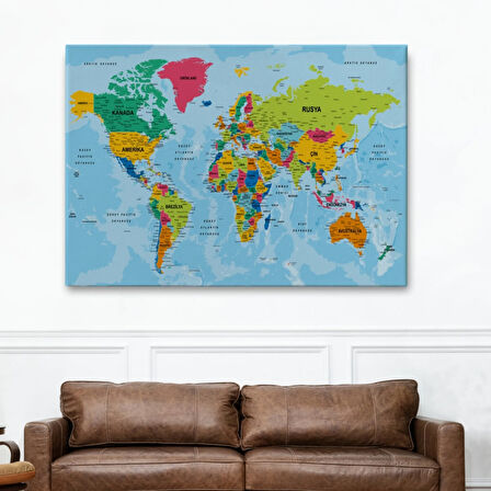 Detaylı Okyanuslu Türkçe Dünya Haritası, Harita Dekoratif Kanvas Tablo, Duvar Dekoru 2172