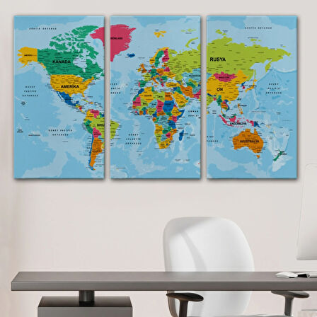 Detaylı Okyanuslu Türkçe Dünya Haritası, Harita Dekoratif Kanvas Tablo, Duvar Dekoru 2172