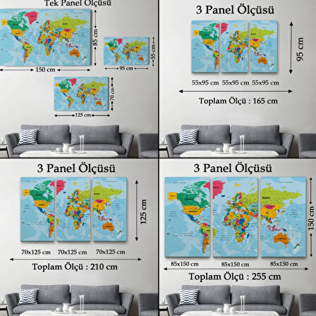 Detaylı Okyanuslu Türkçe Dünya Haritası, Harita Dekoratif Kanvas Tablo, Duvar Dekoru 2172