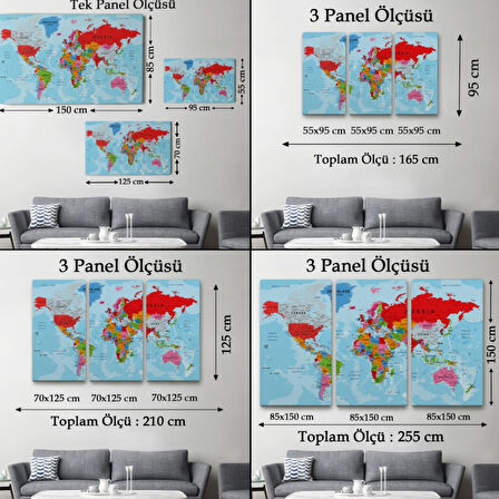Detaylı Okyanuslu İngilizce Dünya Haritası, Harita Dekoratif Kanvas Tablo, Duvar Dekoru 2187
