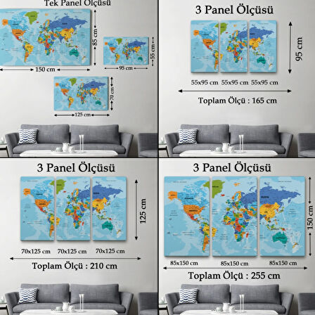 Detaylı Okyanuslu İngilizce Dünya Haritası, Harita Dekoratif Kanvas Tablo, Duvar Dekoru 2188