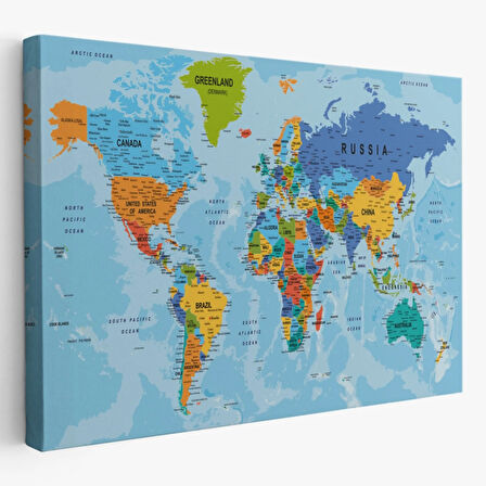 Detaylı Okyanuslu İngilizce Dünya Haritası, Harita Dekoratif Kanvas Tablo, Duvar Dekoru 2189