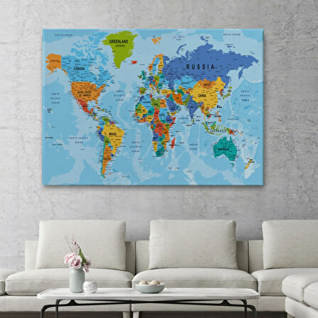 Detaylı Okyanuslu İngilizce Dünya Haritası, Harita Dekoratif Kanvas Tablo, Duvar Dekoru 2189