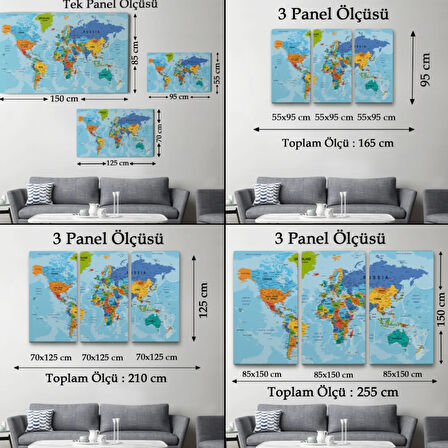 Detaylı Okyanuslu İngilizce Dünya Haritası, Harita Dekoratif Kanvas Tablo, Duvar Dekoru 2189