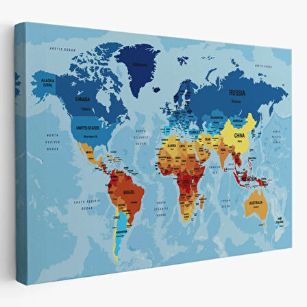 Ülke Başkentli Okyanuslu İngilizce Dünya Haritası Dekoratif Kanvas Tablo, Duvar Dekoru 2195