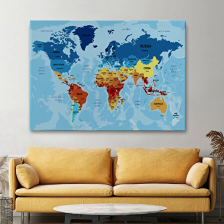 Ülke Başkentli Okyanuslu İngilizce Dünya Haritası Dekoratif Kanvas Tablo, Duvar Dekoru 2195