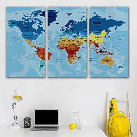 Ülke Başkentli Okyanuslu İngilizce Dünya Haritası Dekoratif Kanvas Tablo, Duvar Dekoru 2195