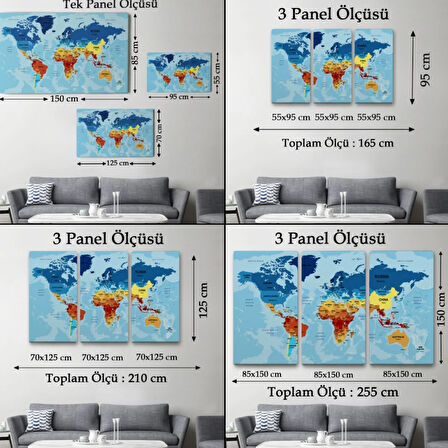 Ülke Başkentli Okyanuslu İngilizce Dünya Haritası Dekoratif Kanvas Tablo, Duvar Dekoru 2195
