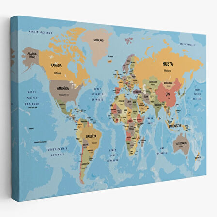 Ülke Başkentli Okyanuslu Türkçe Dünya Haritası Dekoratif Kanvas Tablo, Duvar Dekoru 2228