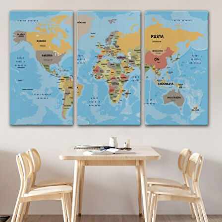 Ülke Başkentli Okyanuslu Türkçe Dünya Haritası Dekoratif Kanvas Tablo, Duvar Dekoru 2228