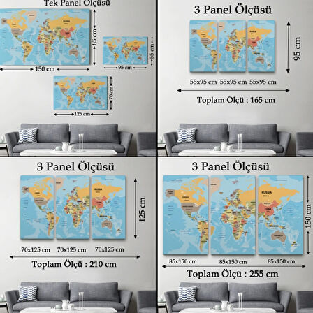 Ülke Başkentli Okyanuslu Türkçe Dünya Haritası Dekoratif Kanvas Tablo, Duvar Dekoru 2228