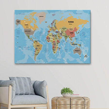 Ülke Başkentli Okyanuslu İngilizce Dünya Haritası Dekoratif Kanvas Tablo, Duvar Dekoru 2229