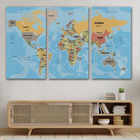 Ülke Başkentli Okyanuslu İngilizce Dünya Haritası Dekoratif Kanvas Tablo, Duvar Dekoru 2229