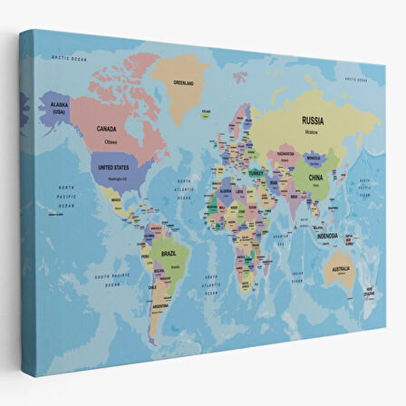 Ülke Başkentli Okyanuslu İngilizce Dünya Haritası Dekoratif Kanvas Tablo, Duvar Dekoru 2233