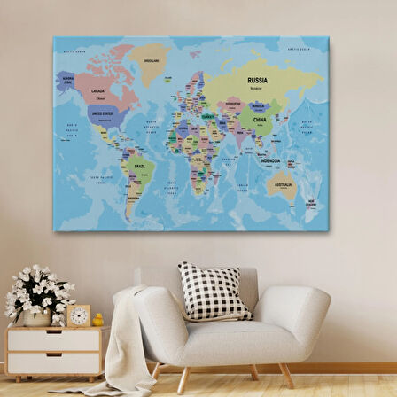 Ülke Başkentli Okyanuslu İngilizce Dünya Haritası Dekoratif Kanvas Tablo, Duvar Dekoru 2233