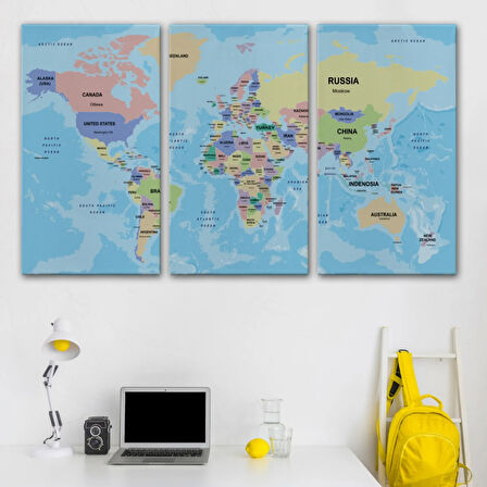 Ülke Başkentli Okyanuslu İngilizce Dünya Haritası Dekoratif Kanvas Tablo, Duvar Dekoru 2233