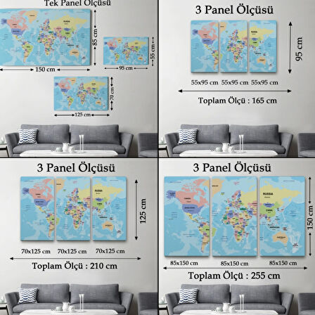 Ülke Başkentli Okyanuslu İngilizce Dünya Haritası Dekoratif Kanvas Tablo, Duvar Dekoru 2233