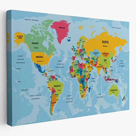 Ülke Başkentli Okyanuslu Türkçe Dünya Haritası Dekoratif Kanvas Tablo, Duvar Dekoru 2242