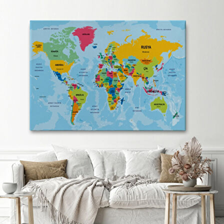 Ülke Başkentli Okyanuslu Türkçe Dünya Haritası Dekoratif Kanvas Tablo, Duvar Dekoru 2242