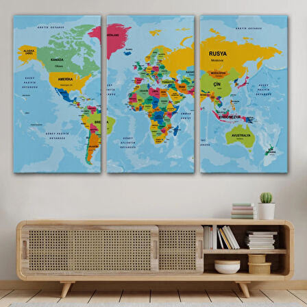 Ülke Başkentli Okyanuslu Türkçe Dünya Haritası Dekoratif Kanvas Tablo, Duvar Dekoru 2242