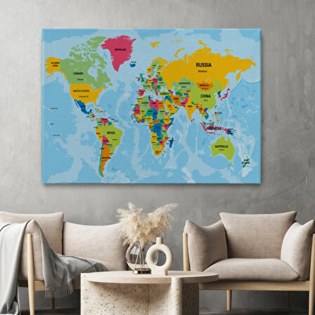 Ülke Başkentli Okyanuslu İngilizce Dünya Haritası Dekoratif Kanvas Tablo, Duvar Dekoru 2243