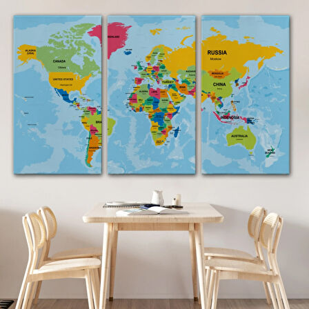 Ülke Başkentli Okyanuslu İngilizce Dünya Haritası Dekoratif Kanvas Tablo, Duvar Dekoru 2243