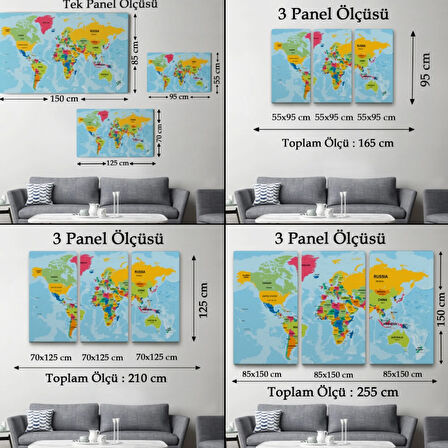 Ülke Başkentli Okyanuslu İngilizce Dünya Haritası Dekoratif Kanvas Tablo, Duvar Dekoru 2243