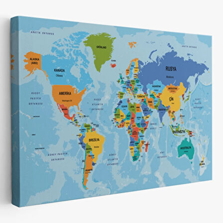 Ülke Başkentli Okyanuslu Türkçe Dünya Haritası Dekoratif Kanvas Tablo, Duvar Dekoru 2260