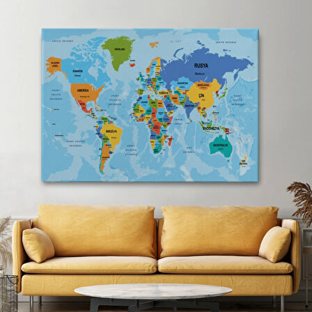 Ülke Başkentli Okyanuslu Türkçe Dünya Haritası Dekoratif Kanvas Tablo, Duvar Dekoru 2260