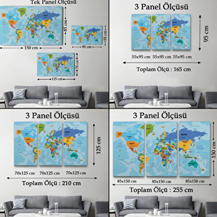 Ülke Başkentli Okyanuslu Türkçe Dünya Haritası Dekoratif Kanvas Tablo, Duvar Dekoru 2260