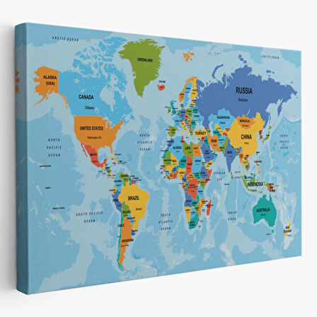 Ülke Başkentli Okyanuslu İngilizce Dünya Haritası Dekoratif Kanvas Tablo, Duvar Dekoru 2261