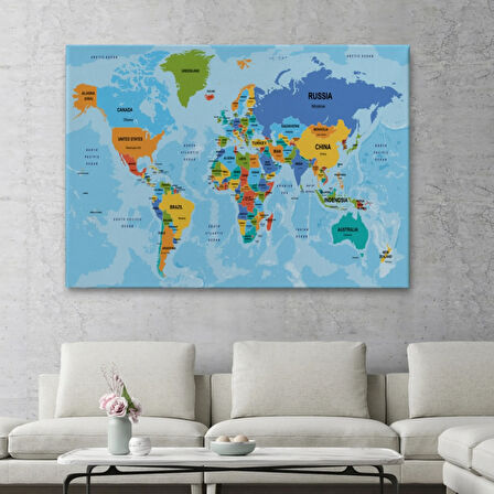 Ülke Başkentli Okyanuslu İngilizce Dünya Haritası Dekoratif Kanvas Tablo, Duvar Dekoru 2261