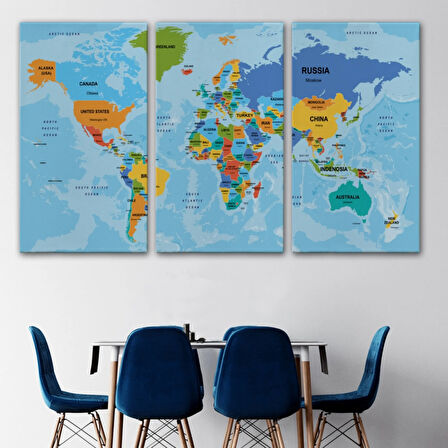 Ülke Başkentli Okyanuslu İngilizce Dünya Haritası Dekoratif Kanvas Tablo, Duvar Dekoru 2261