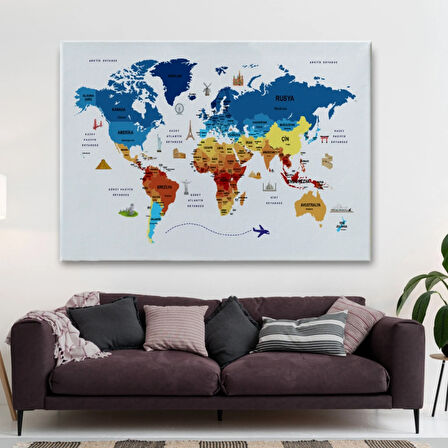 Ülke Başkentli Sembollü Eğitici Türkçe Dünya Haritası Dekoratif Kanvas Tablo, Duvar Dekoru 2266