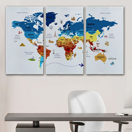 Ülke Başkentli Sembollü Eğitici Türkçe Dünya Haritası Dekoratif Kanvas Tablo, Duvar Dekoru 2266