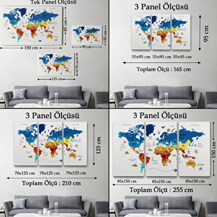 Ülke Başkentli Sembollü Eğitici Türkçe Dünya Haritası Dekoratif Kanvas Tablo, Duvar Dekoru 2266