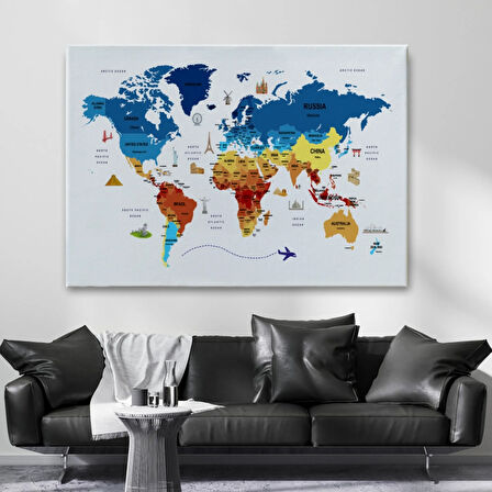 Ülke Başkent Sembollü Eğitici İngilizce Dünya Haritası Dekoratif Kanvas Tablo, Duvar Dekoru 2267