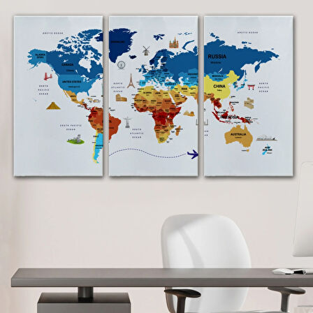 Ülke Başkent Sembollü Eğitici İngilizce Dünya Haritası Dekoratif Kanvas Tablo, Duvar Dekoru 2267