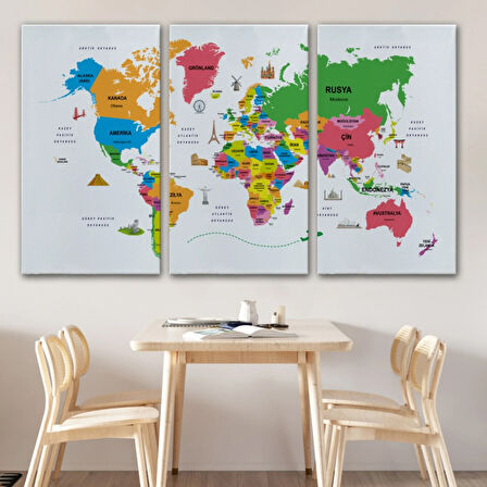 Ülke Başkentli Sembollü Eğitici Türkçe Dünya Haritası Dekoratif Kanvas Tablo, Duvar Dekoru 2272