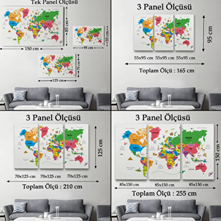 Ülke Başkentli Sembollü Eğitici Türkçe Dünya Haritası Dekoratif Kanvas Tablo, Duvar Dekoru 2272