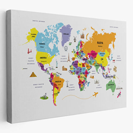 Ülke Başkentli Sembollü Eğitici Türkçe Dünya Haritası Dekoratif Kanvas Tablo, Duvar Dekoru 2280