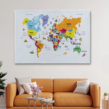 Ülke Başkentli Sembollü Eğitici Türkçe Dünya Haritası Dekoratif Kanvas Tablo, Duvar Dekoru 2280