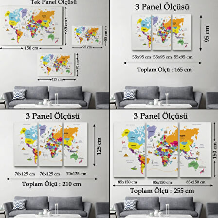 Ülke Başkentli Sembollü Eğitici Türkçe Dünya Haritası Dekoratif Kanvas Tablo, Duvar Dekoru 2280