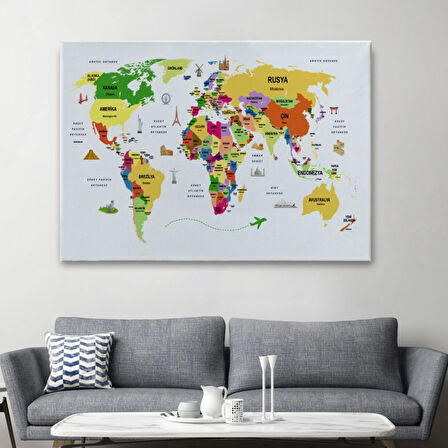 Ülke Başkentli Sembollü Eğitici Türkçe Dünya Haritası Dekoratif Kanvas Tablo, Duvar Dekoru 2286