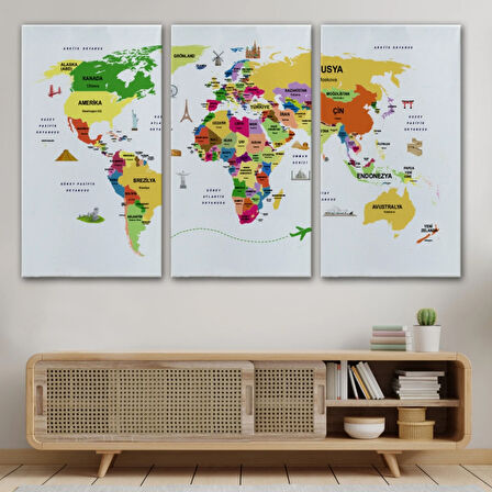 Ülke Başkentli Sembollü Eğitici Türkçe Dünya Haritası Dekoratif Kanvas Tablo, Duvar Dekoru 2286