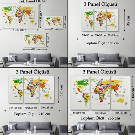 Ülke Başkentli Sembollü Eğitici Türkçe Dünya Haritası Dekoratif Kanvas Tablo, Duvar Dekoru 2286