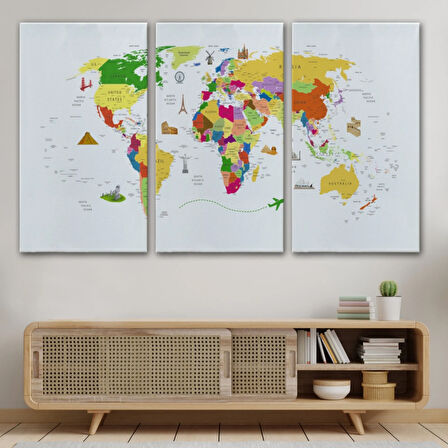 Ülke Başkent Sembollü Eğitici İngilizce Dünya Haritası Dekoratif Kanvas Tablo, Duvar Dekoru 2287