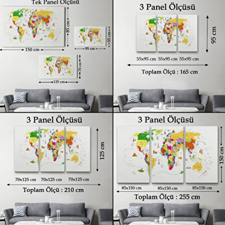 Ülke Başkent Sembollü Eğitici İngilizce Dünya Haritası Dekoratif Kanvas Tablo, Duvar Dekoru 2287